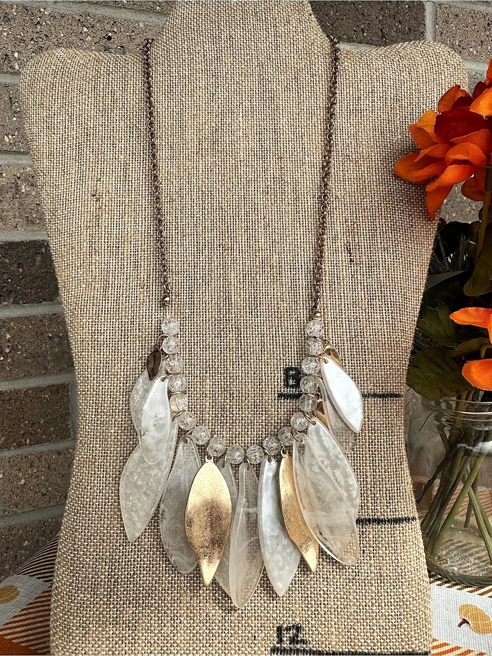 Boho Ivory & Gold Leaf Fringe Statement Necklace